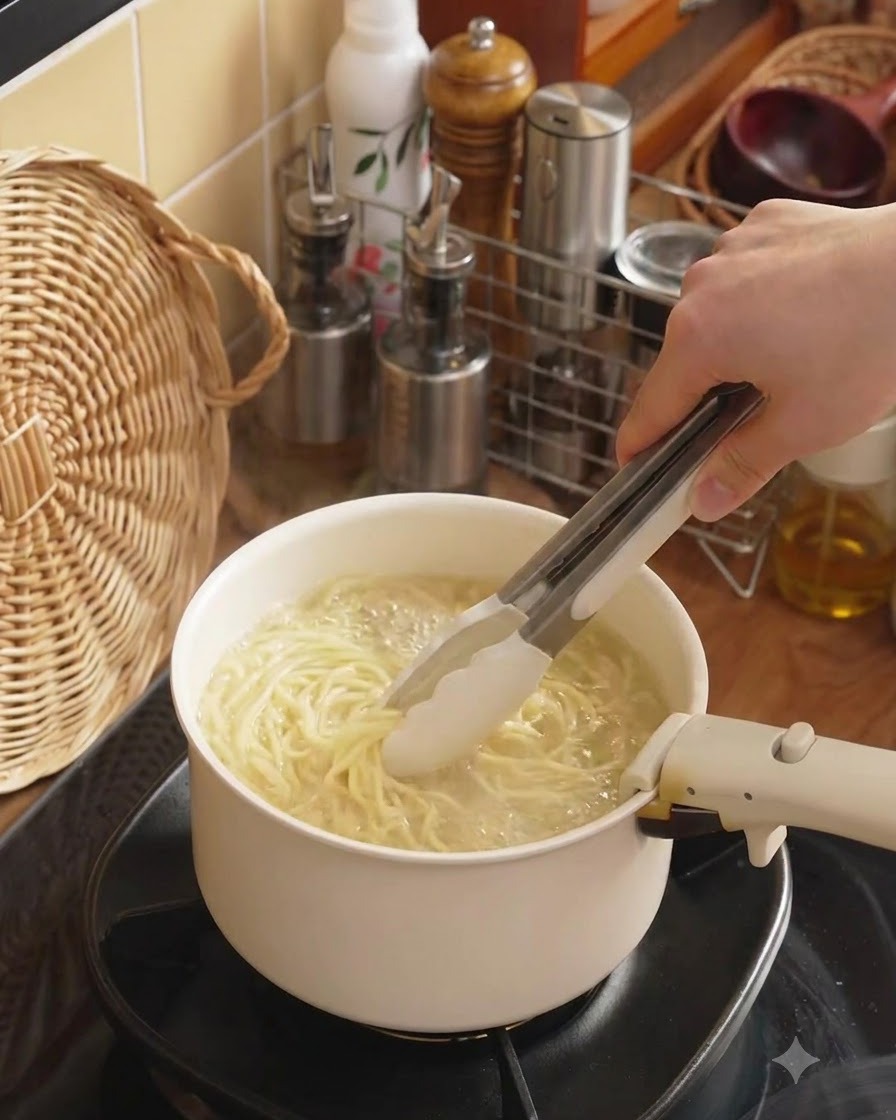 Eine Zange hebt gekochte Spaghettistränge aus dem Topf.