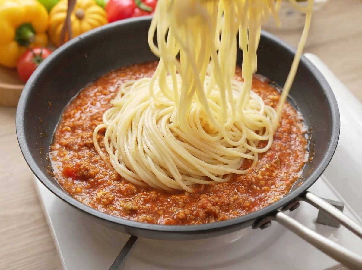 Spaghettinudeln werden in einer Pfanne mit einer Zange unter die köchelnde Tomaten-Hackfleischsoße gemischt.