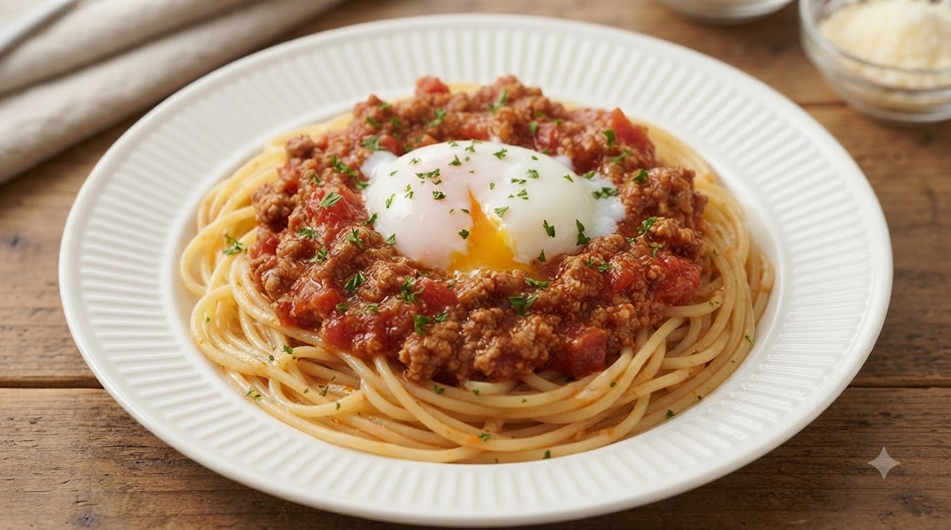 Klassische Spaghetti mit Tomaten-Hackfleischsoße und weichem Ei