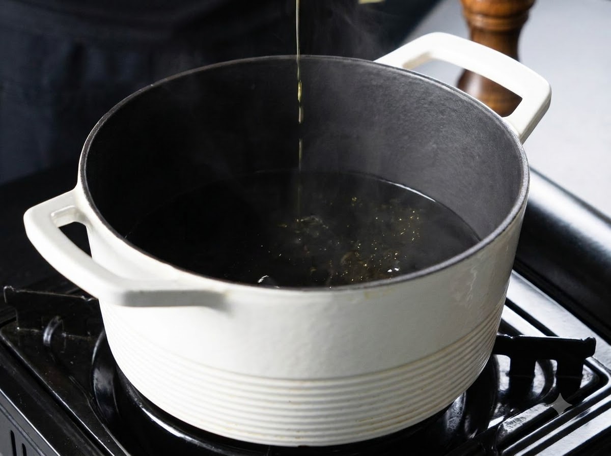 Wasserströme und aufsteigender Dampf, während Pasta in einem kochenden Topf gart.