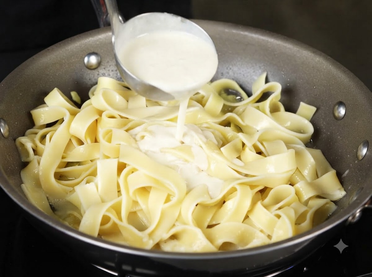 Schlagsahne wird aus einer Kelle in die Pfanne mit Pasta gegossen.
