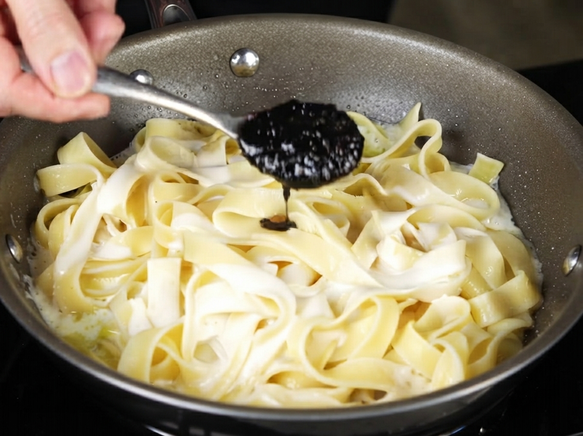 Schwarze Trüffelsauce wird mit einem Löffel auf die Pasta in der Pfanne gegeben.