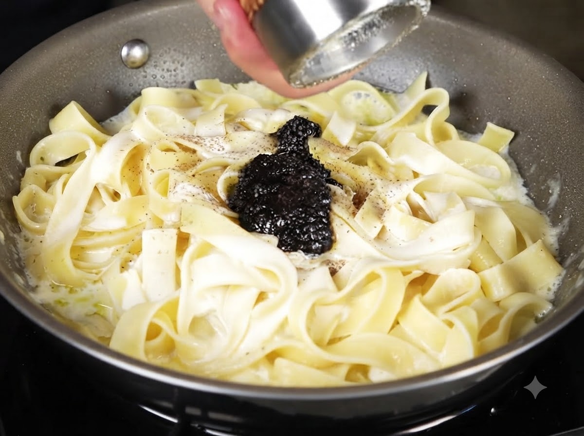 Meersalz wird aus einer Mühle auf die cremige Pasta in der Pfanne gemahlen.