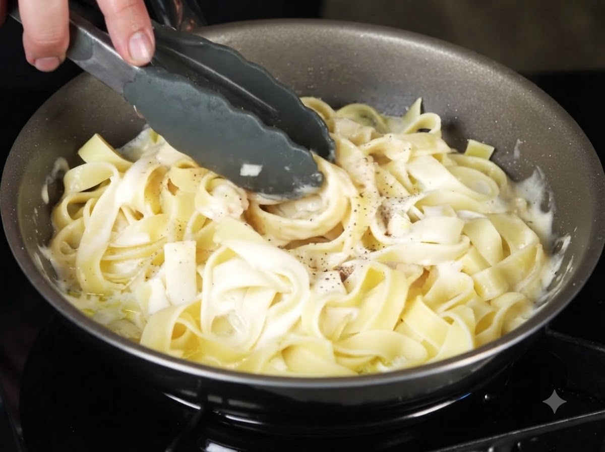 Eine Zange vermischt und wendet die cremige Trüffelpasta in der Pfanne.