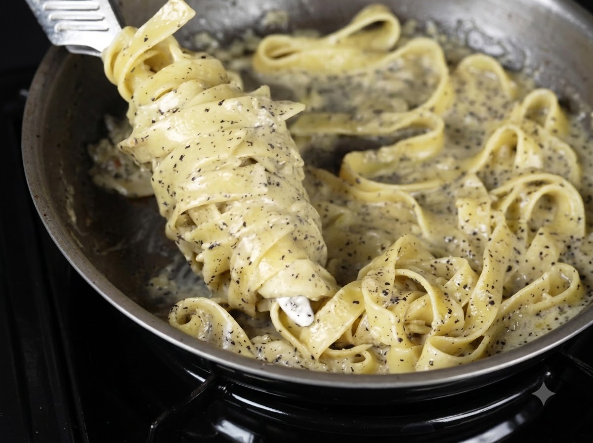 Eine Gabel hebt einen Teil der angerichteten Trüffel-Sahne-Pasta heraus, garniert mit Kaviar.