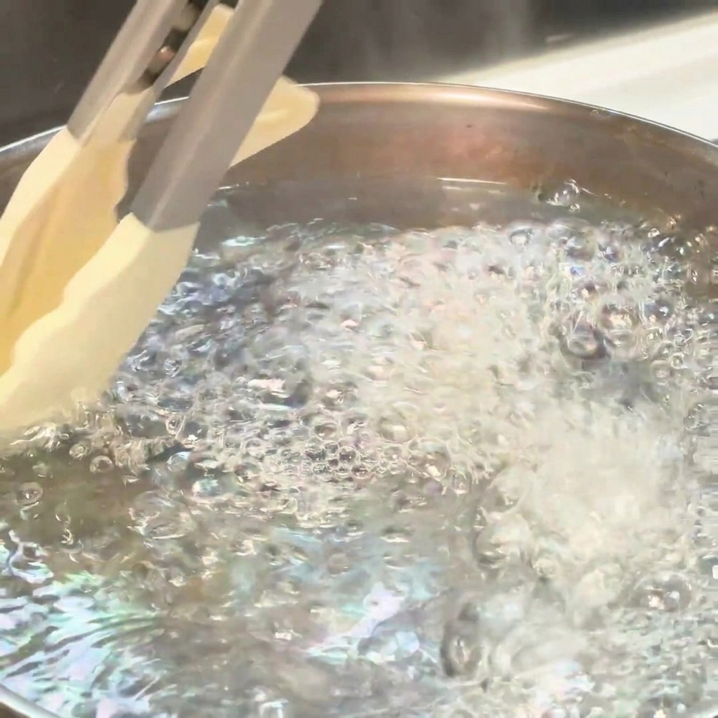 Spaghettistränge werden mit einer Küchenzange in kochendes Wasser abgesenkt.