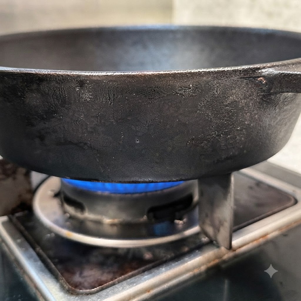 Knoblauchscheiben garen langsam in Olivenöl über einer blauen Gasflamme.