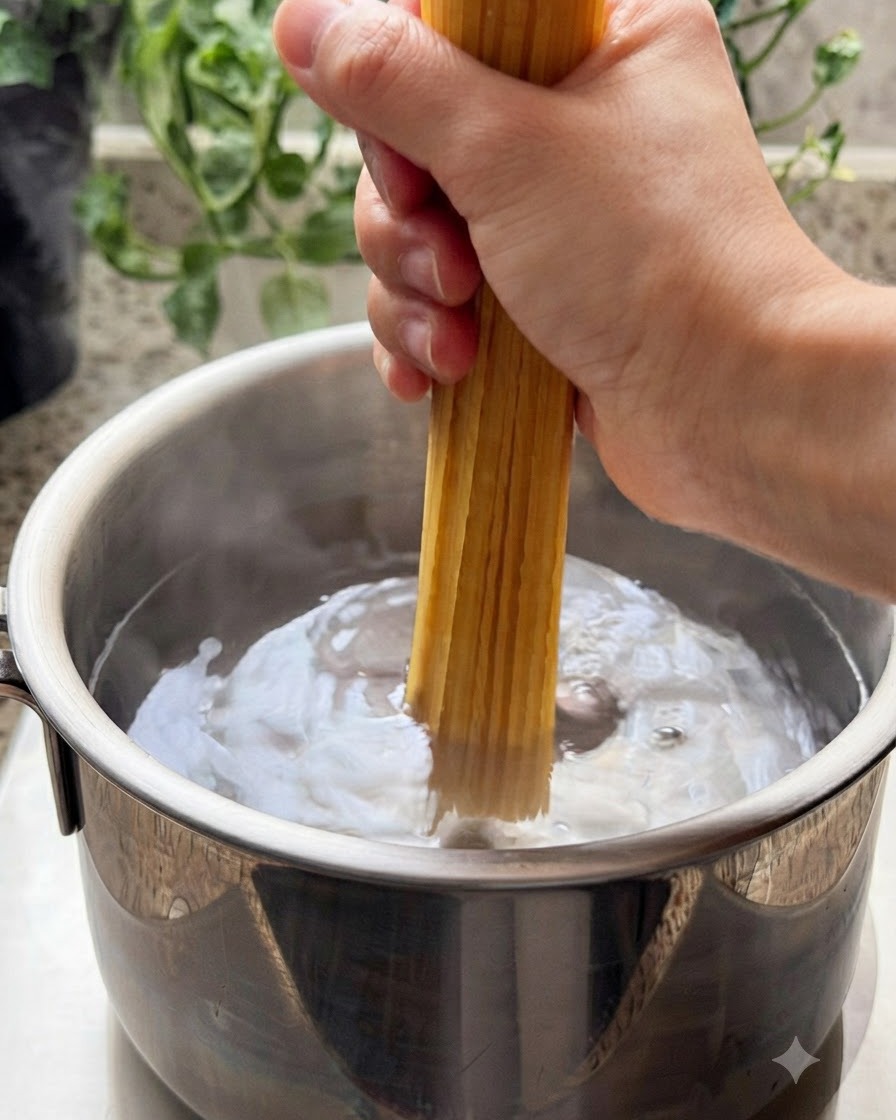 Ein Bündel trockener Spaghetti wird in einen Topf mit kochendem Wasser gegeben.