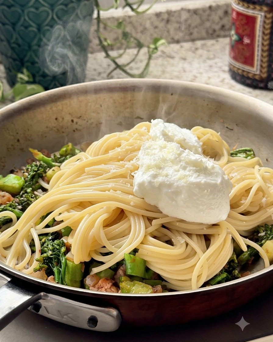 Frische Zitronenschale wird über ein gekochtes Pastagericht in einer Pfanne gerieben.
