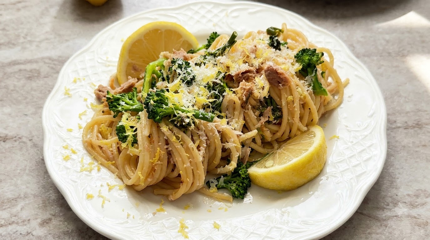 Knoblauch-Thunfisch-Pasta mit Brokkoli und Zitronenabrieb