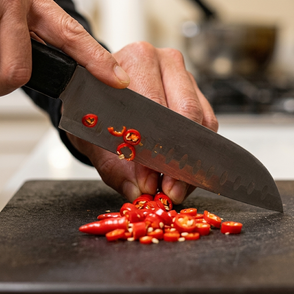 Eine Nahaufnahme eines Kochs, der rote Chilischoten auf einem dunklen Schneidebrett mit einem Küchenmesser schneidet.