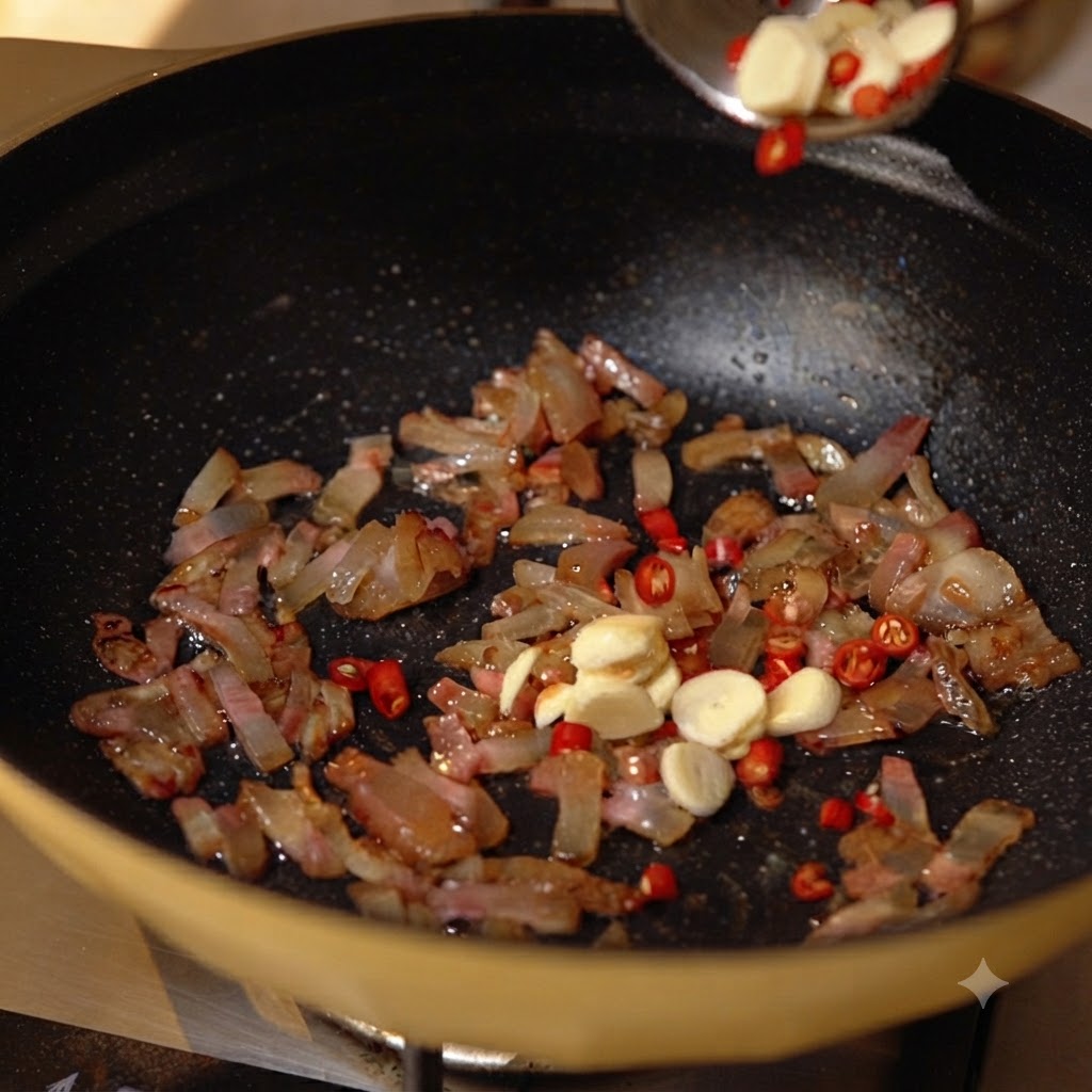 Knoblauchscheiben und rote Chilistücke werden in eine Pfanne mit ausgelassenem Schweinebäckchen gegeben.