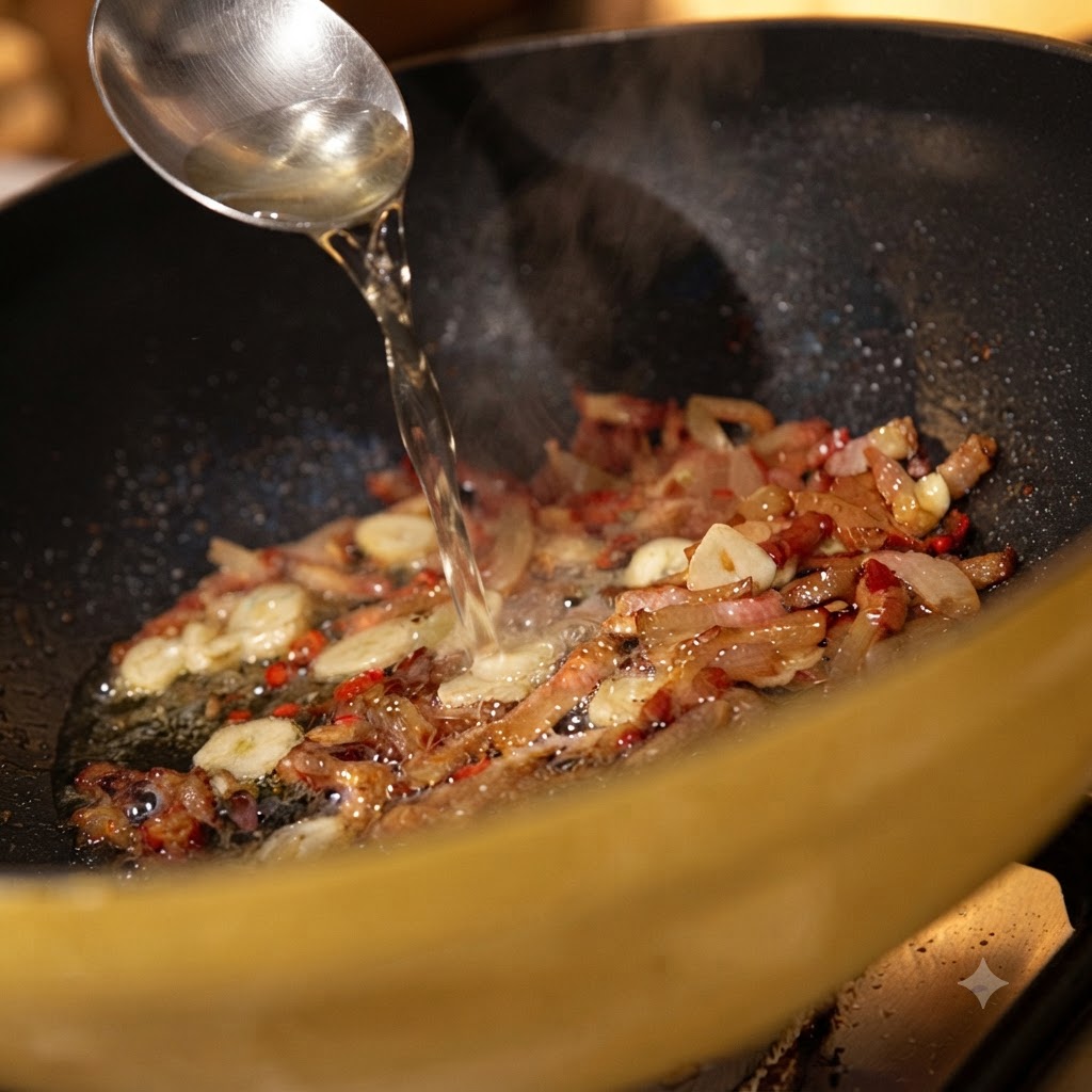 Weißwein wird aus einem silbernen Löffel in eine Pfanne mit brutzelndem Fleisch und Knoblauch gegossen.