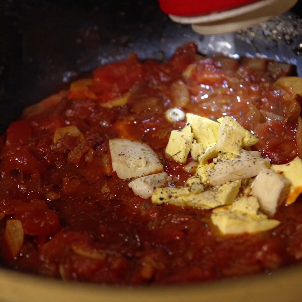 Butter- und Käsetücke schmelzen in einer blubbernden roten Tomatensauce in einer Pfanne.