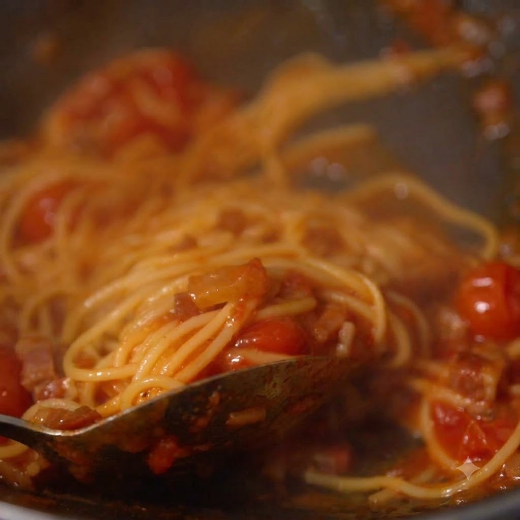 Gekochte Spaghettistränge vermischen sich mit der roten Tomaten- und Fleischsauce in einer Pfanne.