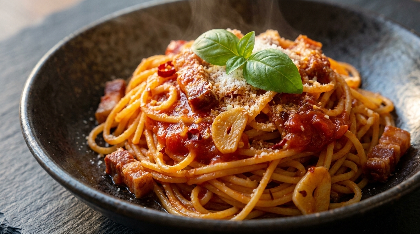 Würzige Tomatenpasta mit Guanciale, Knoblauch und Chili