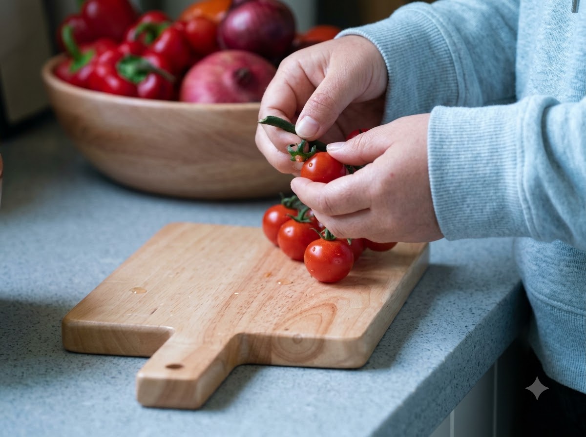 Kirschtomaten werden auf einem Holzbrett angeordnet.