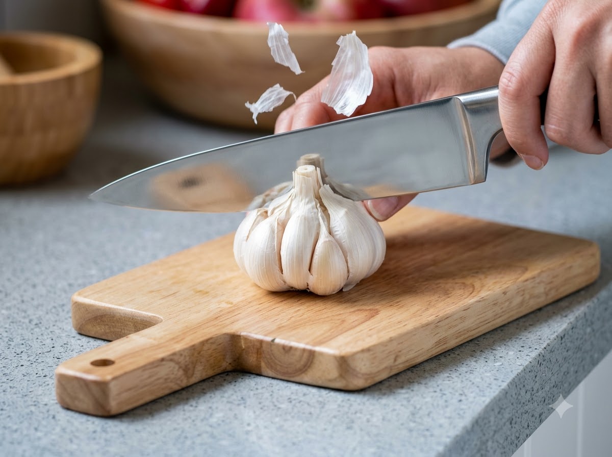 Ein scharfes Messer schneidet durch eine ganze Knoblauchknolle auf einem Holzbrett.