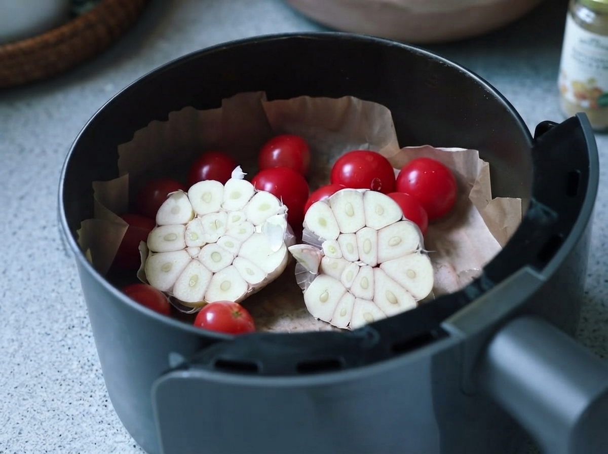 Olivenöl wird über Knoblauch und Tomaten in einer Heißluftfritteuse gegossen.