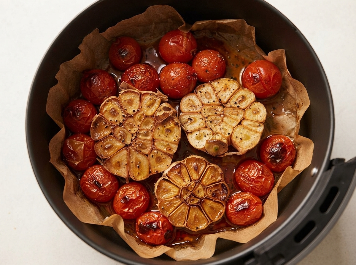 Schwarze Pfefferkörner fallen auf gerösteten Knoblauch und Tomaten.