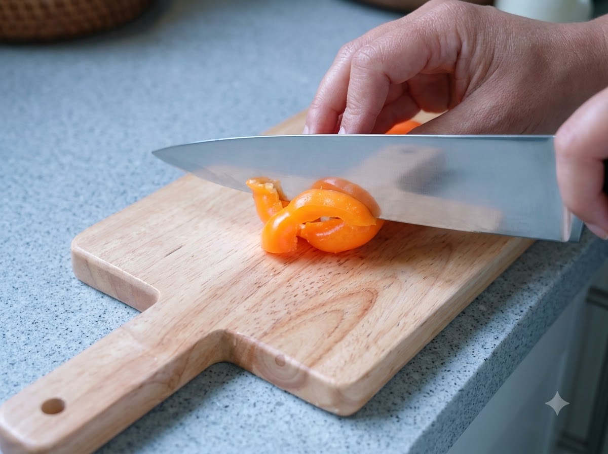 Eine orangene Paprika wird auf einem Schneidebrett geschnitten.