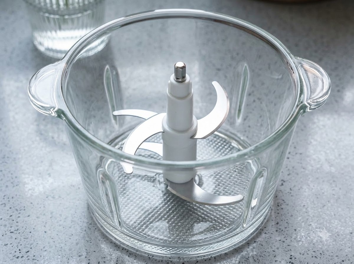 Blanchierte Spinatblätter, ein Stück Butter und ein Schuss Wasser in einer Glasschüssel mit Mixmessern.