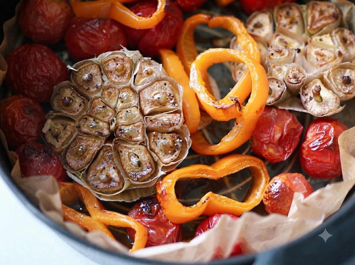 Geröstete Knoblauchköpfe und gebackene Tomaten in einem Heißluftfritteusenkorb.