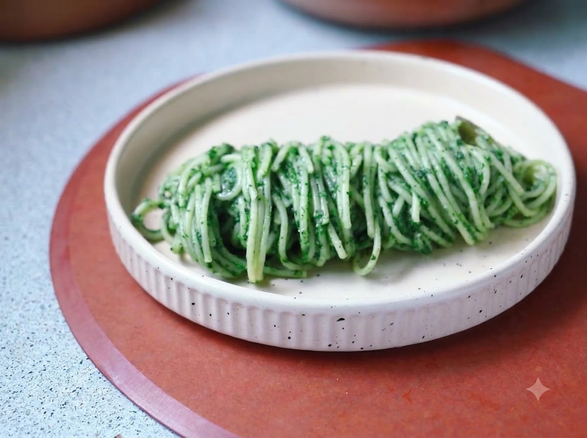 Eine elektrische Küchenmaschine püriert Spinat, Butter und gerösteten Knoblauch zu einer glatten grünen Soße.