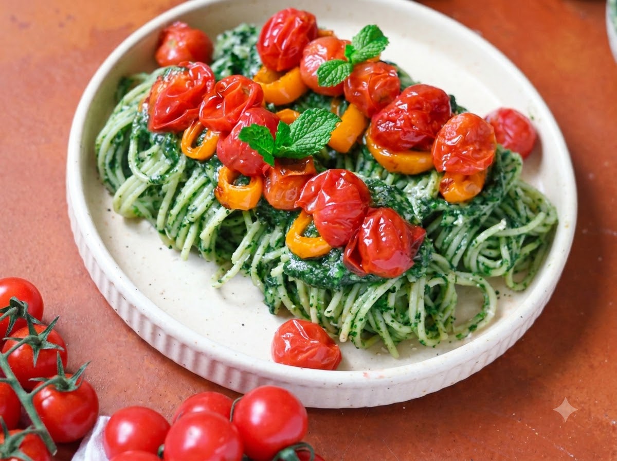 Gekochte Spaghetti werden mit einer Metallzange in eine Pfanne mit grüner Spinatsoße gegeben.