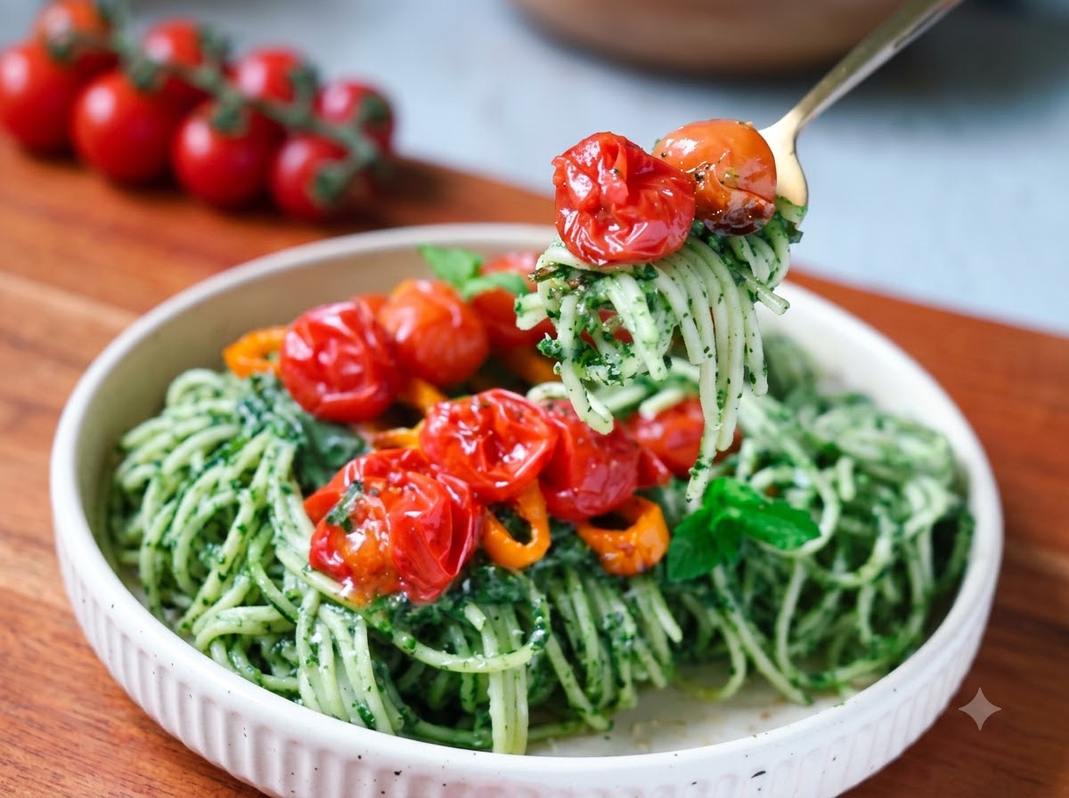 Schwarzer Pfeffer und Meersalz werden über Spaghetti gestreut, die in einer Pfanne mit grüner Soße vermischt werden.