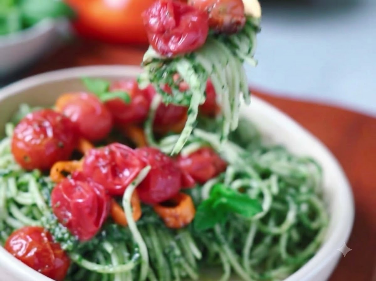 Spaghetti werden mit einer Metallzange gründlich mit der Spinat-Pestosoße verrührt und vermischt.