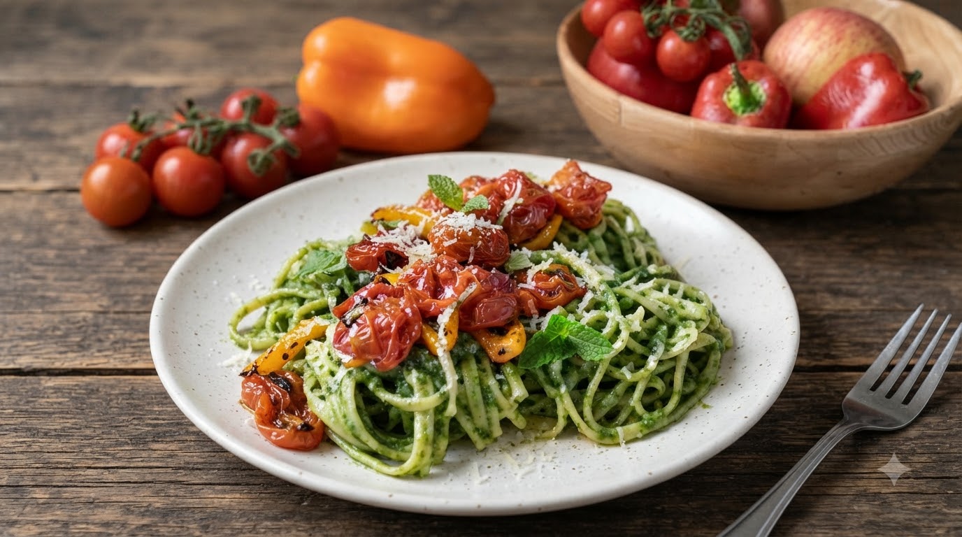 Frühlings-Spinat-Pesto-Pasta mit gerösteten Kirschtomaten und Paprika