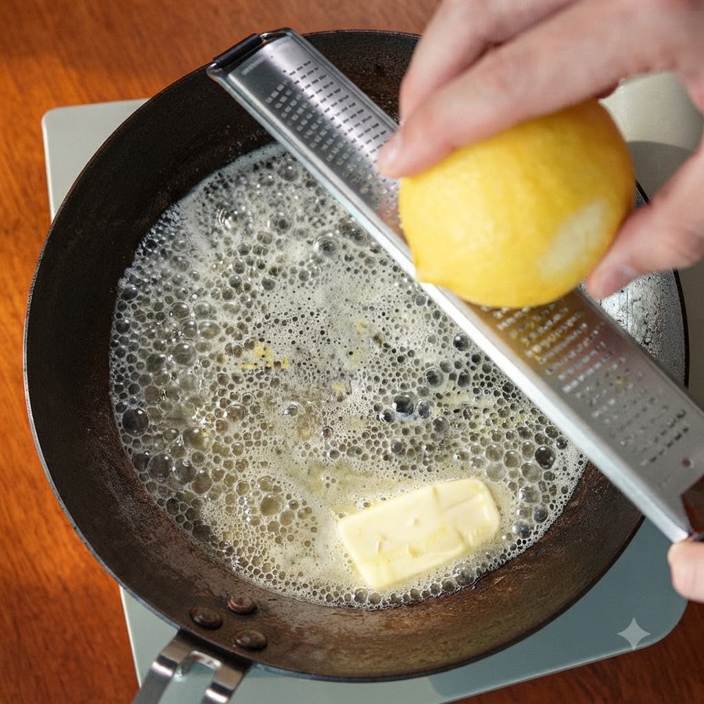 Nahaufnahme einer Person, die mit einer Microplane-Reibe gelbe Zitronenschale direkt über in einer Pfanne schmelzender Butter reibt.