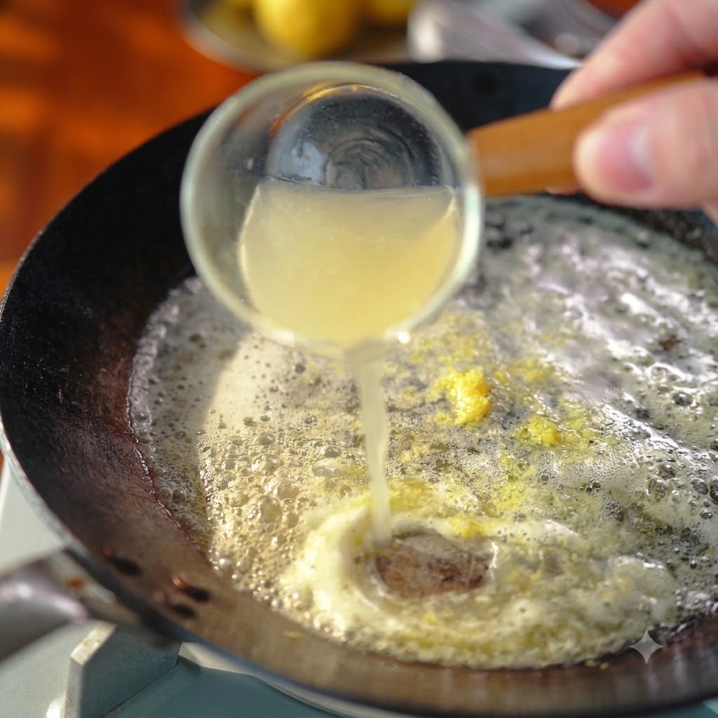 Frischer Zitronensaft wird aus einem kleinen Glasgefäß in eine brutzelnde Pfanne mit Butter und Zitronenschale gegossen.