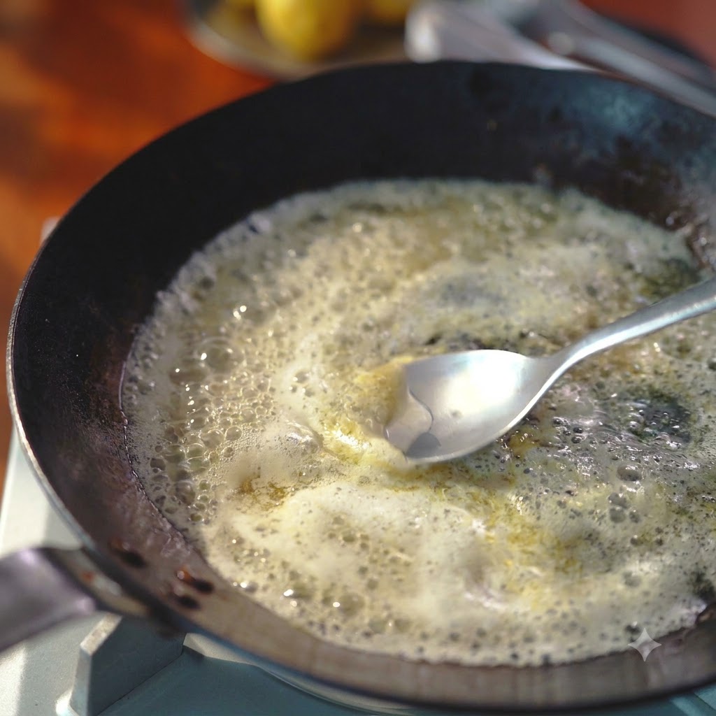 Ein Metalllöffel rührt eine blubbernde Mischung aus geschmolzener Butter und Zitronensaft in einer dunklen Pfanne auf dem Herd.