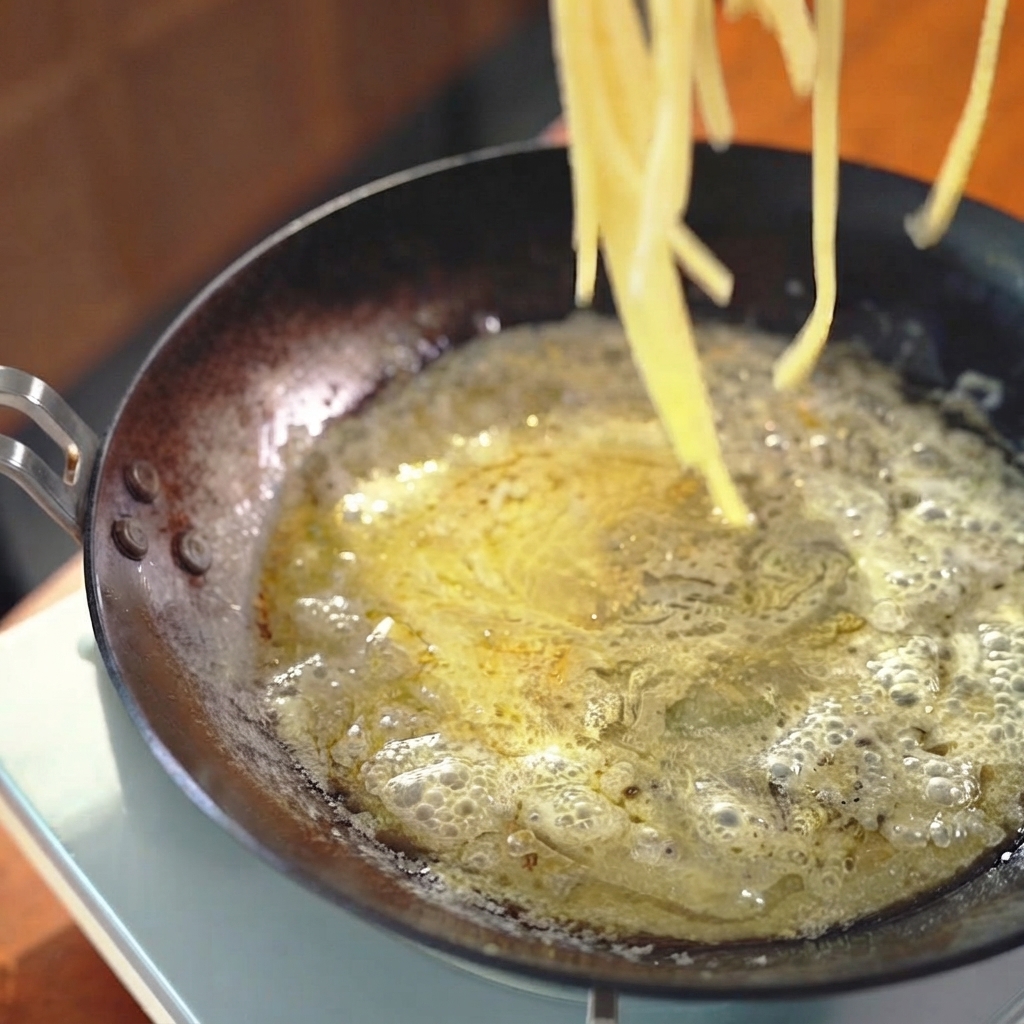 Gekochte Spaghettinudeln werden mit einer Metallzange aus dem Topf in eine Pfanne mit Sauce gehoben und hinzugefügt.