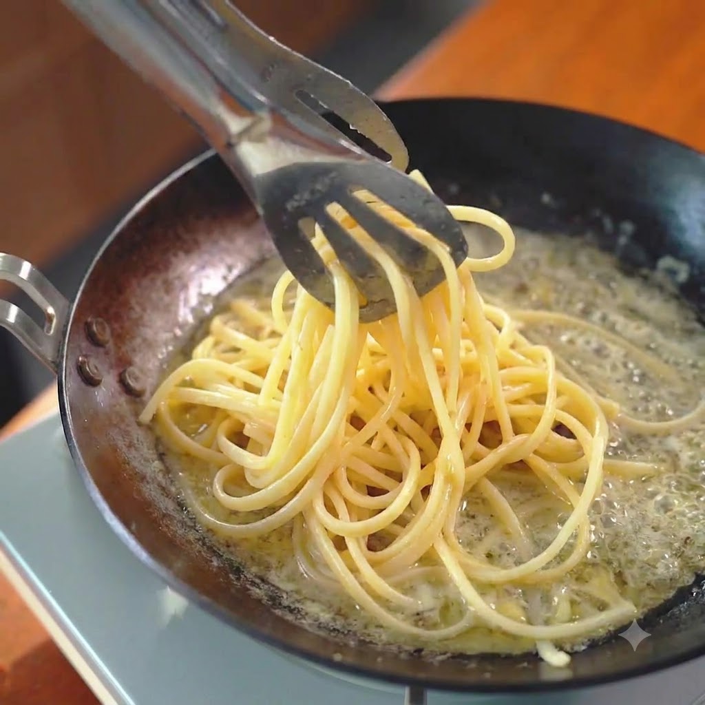 Spaghettinudeln werden mit einer Zange in einer Pfanne mit grünen Basilikumstücken vermischt.