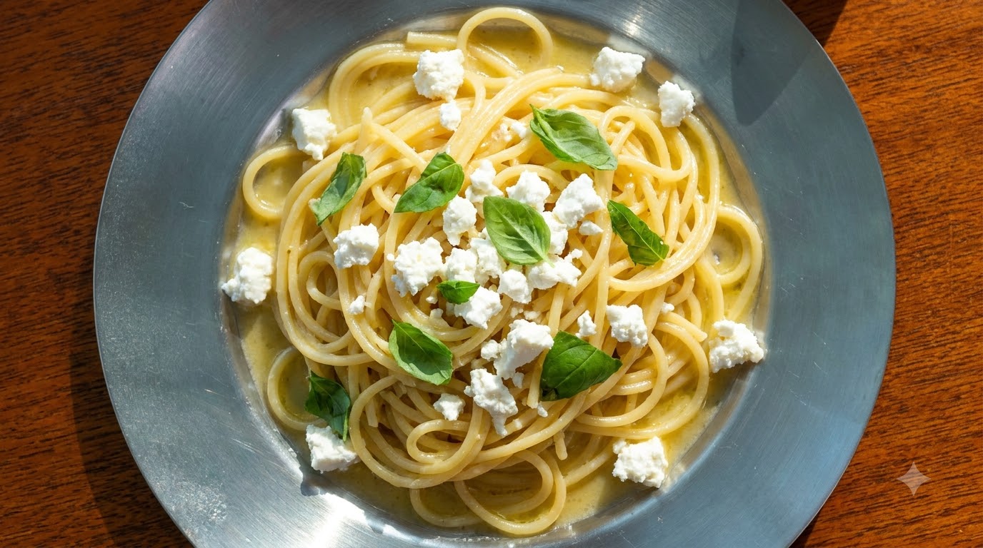 Ein silberner Teller mit gekochten Spaghetti, vermischt mit Sauce, garniert mit zerbröseltem Ziegenkäse und frischen Basilikumblättern.
