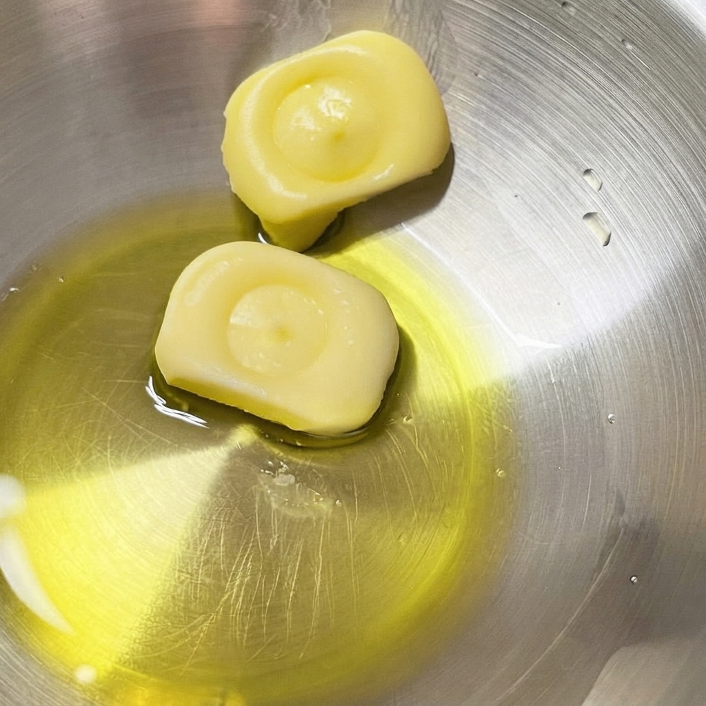 Olivenöl am Boden einer Edelstahlschüssel neben zwei festen Butterstücken.