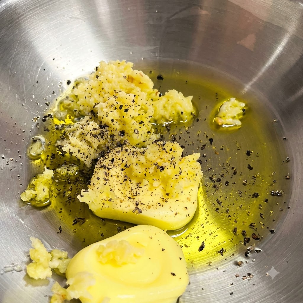 Frisch gepresster Knoblauch und schwarzer Pfeffer auf der Butter und dem Öl in der Rührschüssel.