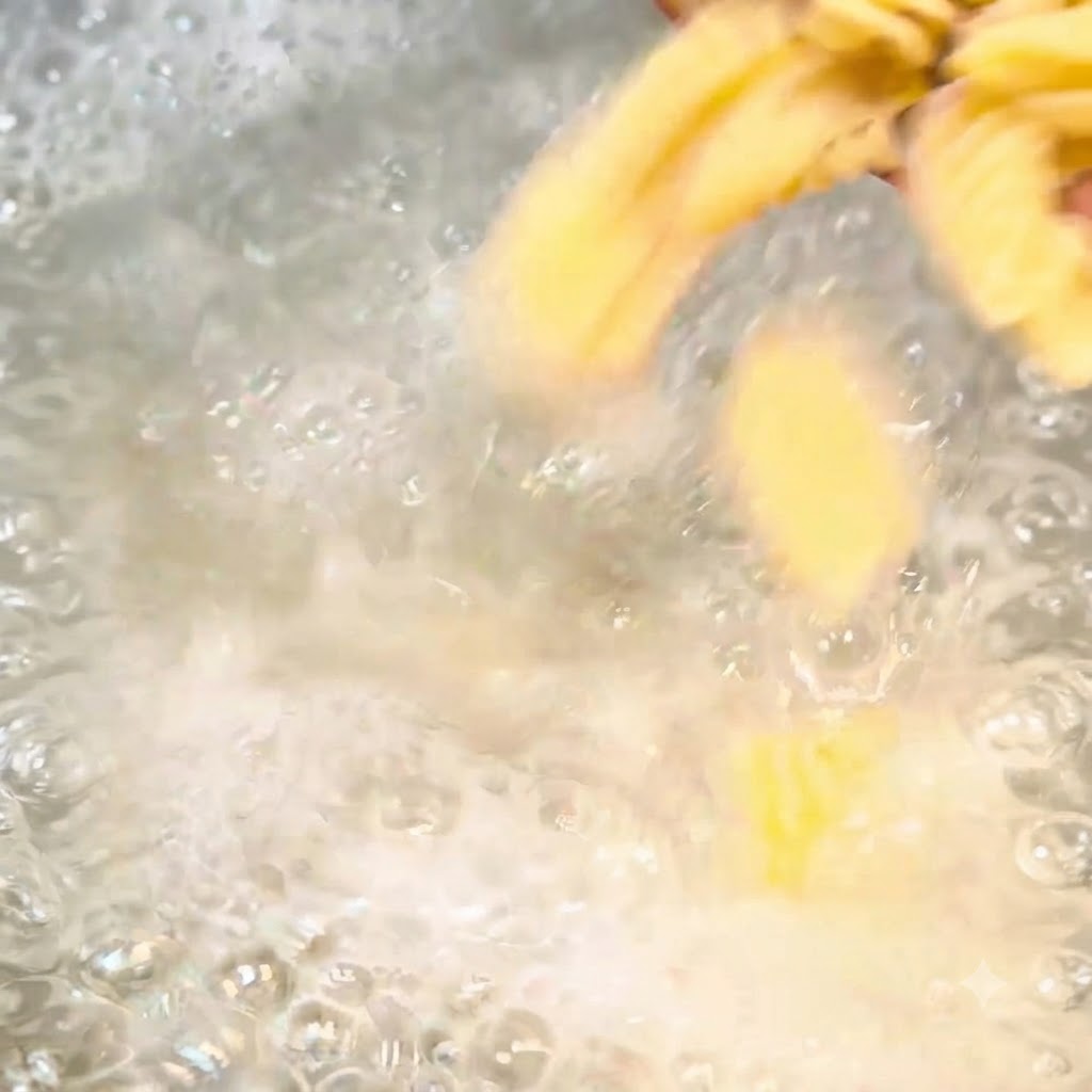 Spiralnudeln kochen sprudelnd in einem Topf mit gesalzenem Wasser.