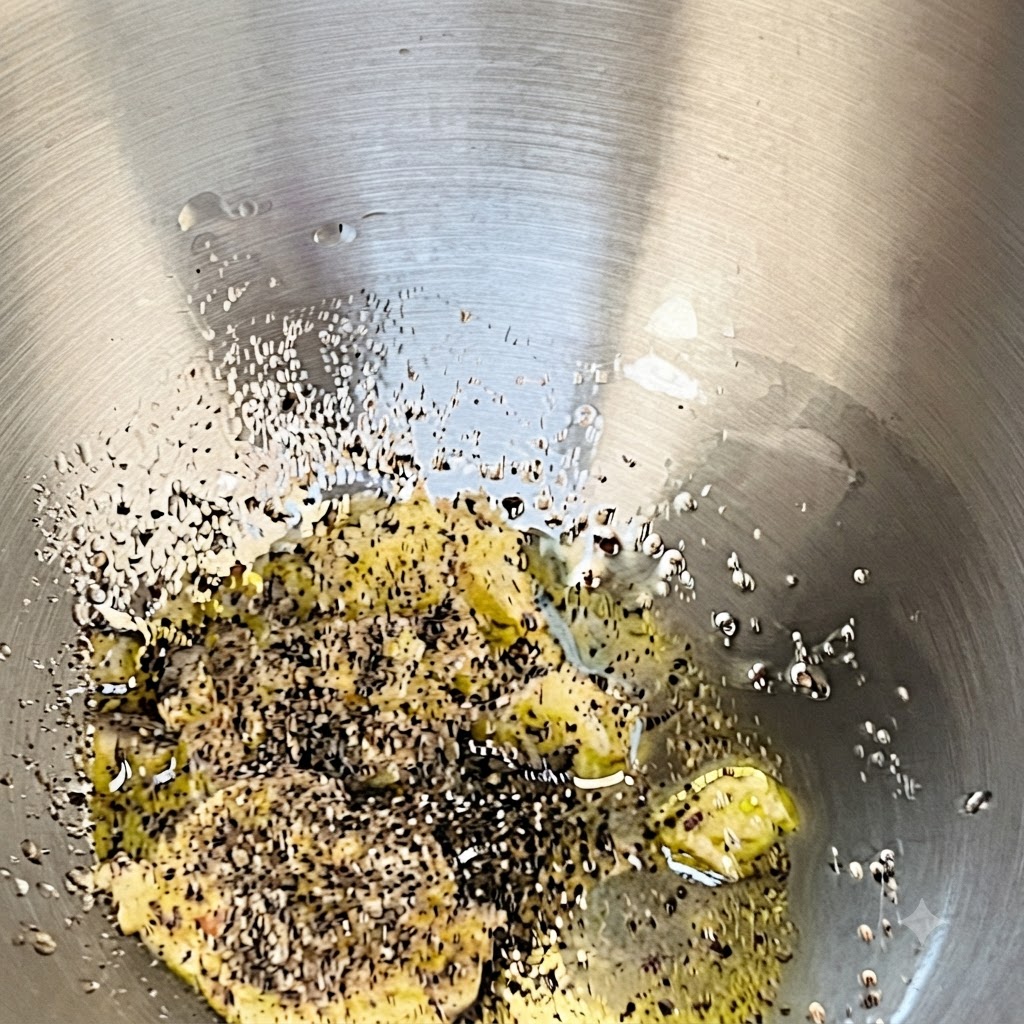 Heißes Nudelwasser wird in die Edelstahlschüssel mit der Butter-, Öl-, Knoblauch- und Pfeffermischung gegossen.