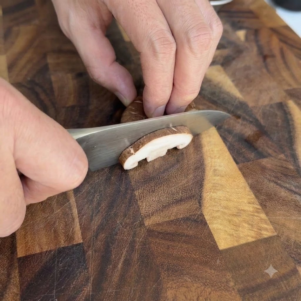 Shiitake-Pilze werden auf einem Holzschneidebrett in dicke Scheiben geschnitten.