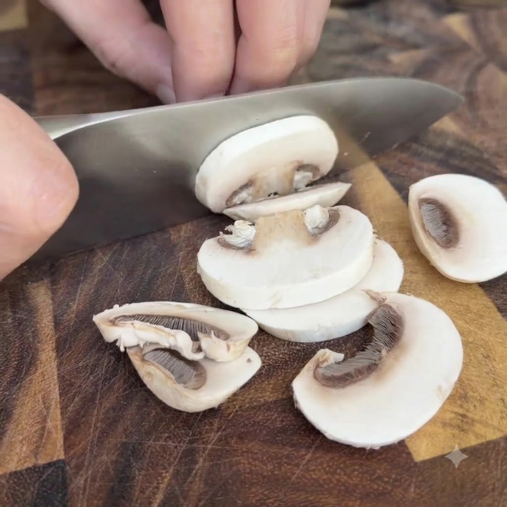 Weiße Champignons werden auf einem Holzbrett in dicke Stücke geschnitten.