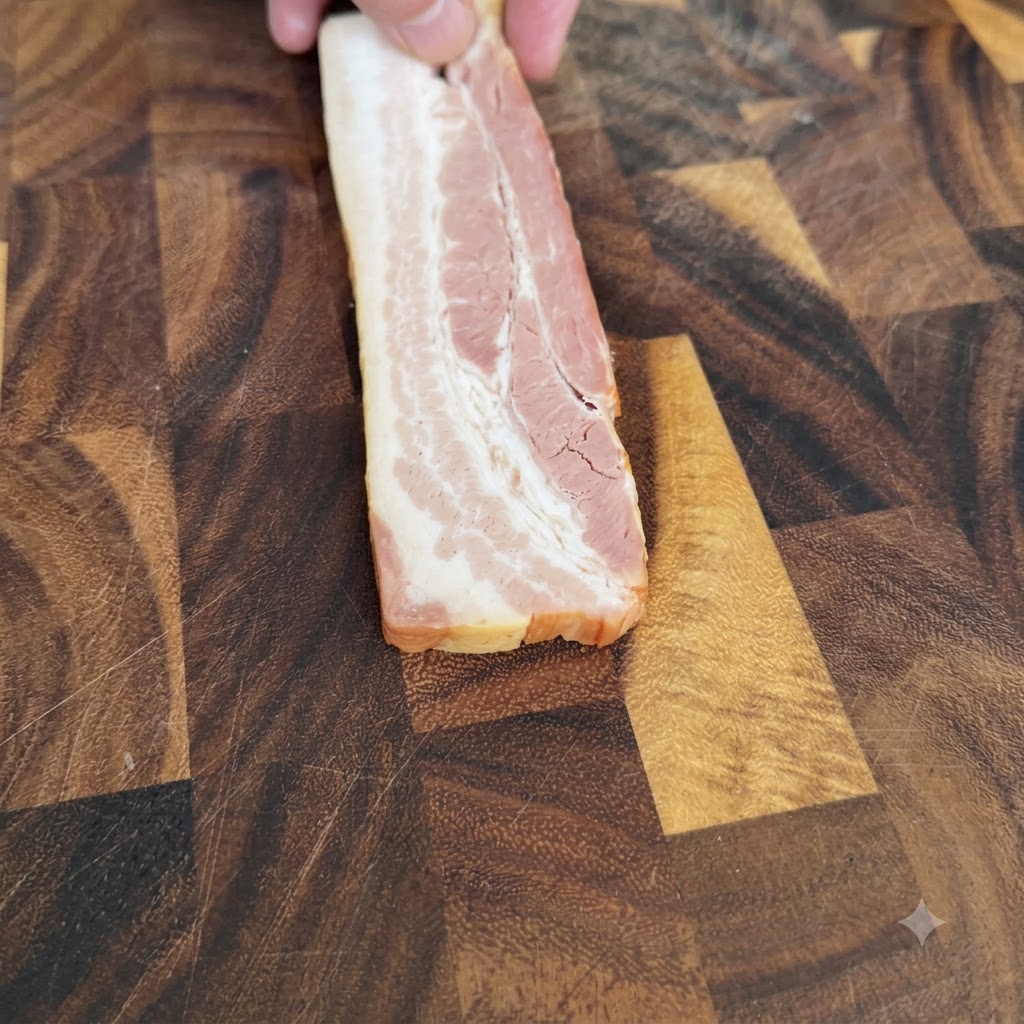 Ein Streifen Speck wird auf einem Holzschneidebrett in kleine Stücke geschnitten.