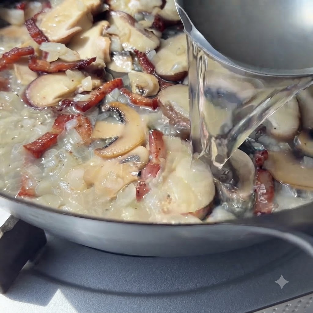 Eine Metallkelle gießt stärkehaltiges Pastawasser in eine Pfanne mit geschnittenen Pilzen, Zwiebeln und Speck.