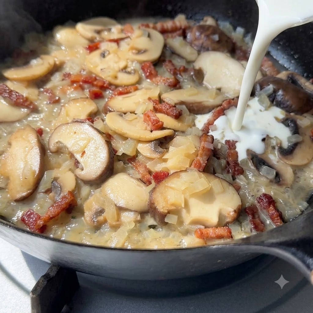 Schlagsahne wird aus einer weißen Karaffe in eine Pfanne mit geschnittenen Pilzen und Zwiebeln gegossen.