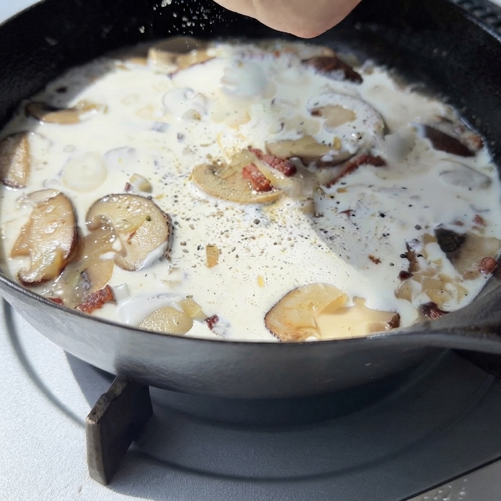 Schwarze Pfefferflocken werden aus einer Mühle auf eine cremige Pilzsauce in einer Pfanne gestreut.