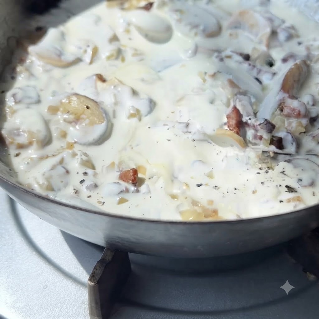 Schlagsahne köchelt in einer Pfanne mit sautierten Pilzen, Zwiebeln und knusprigen Speckstücken.