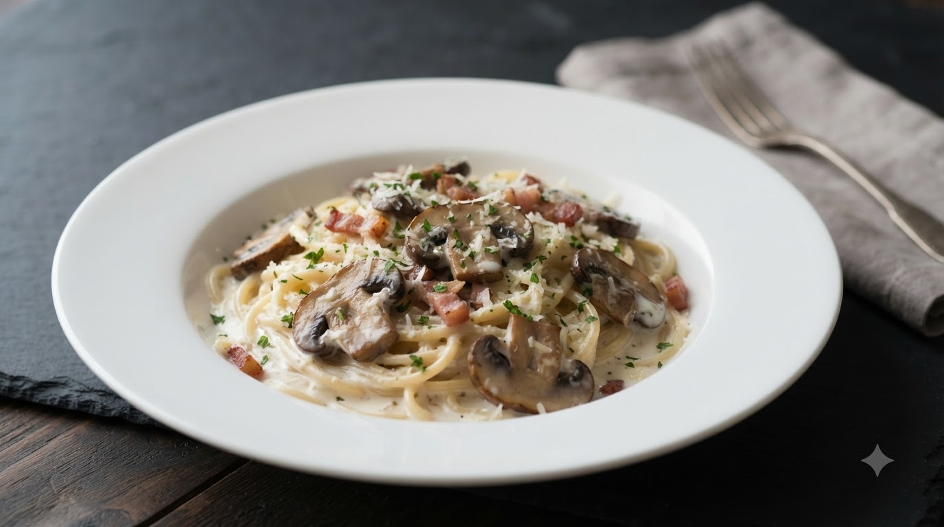 Cremige Pilz-Speck-Spaghetti